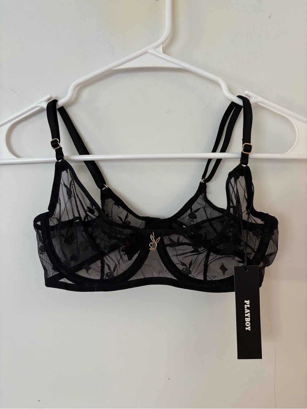 brand new! playboy bunny embroidered black and gold pendant sheer lined bra 🐇